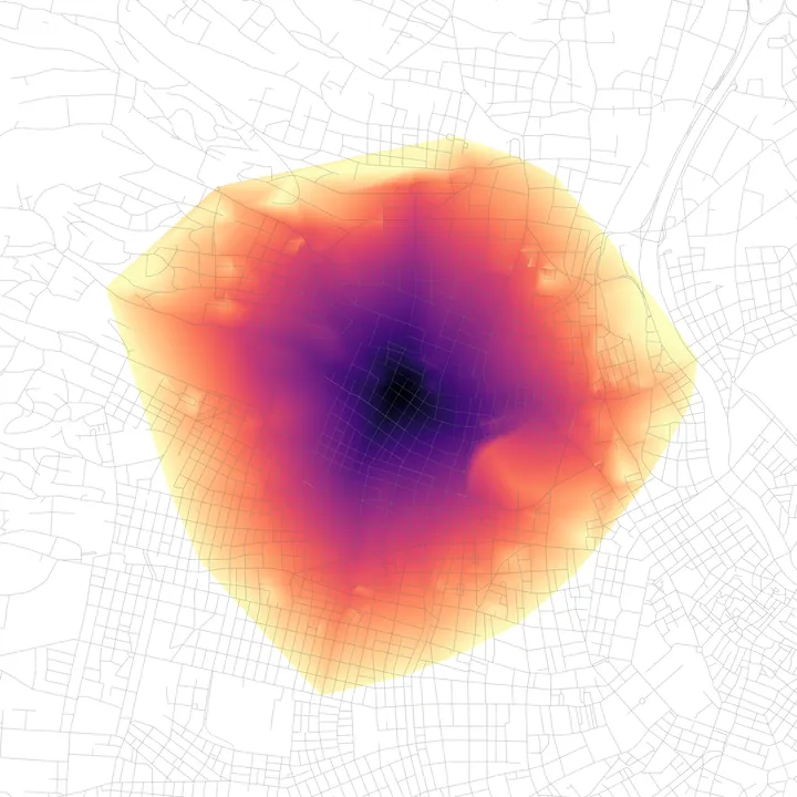 Screenshot of an Iso-area as cost surface (from Point) result