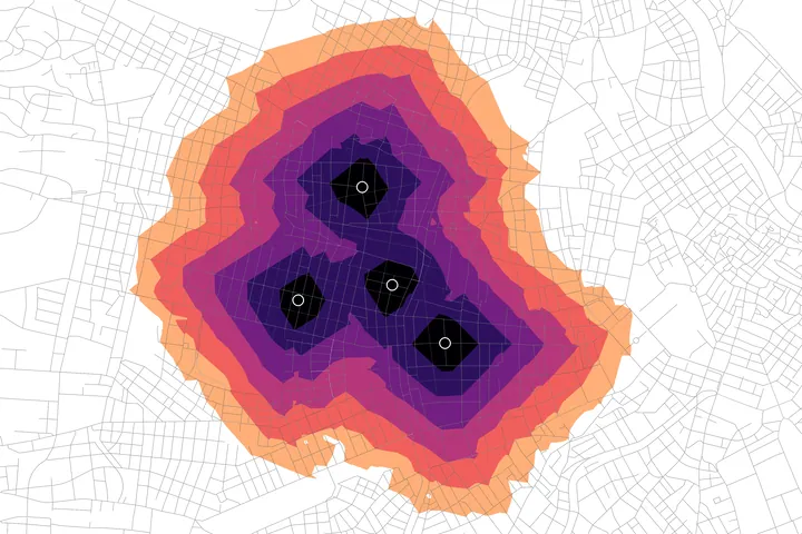 Map showing isochrone service areas computed by QNEAT