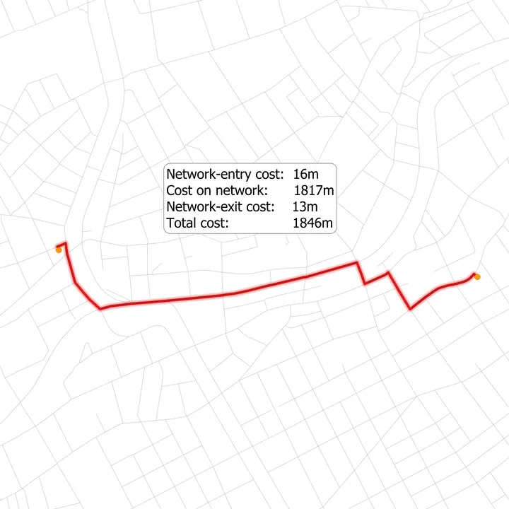 Screenshot of a QNEAT shortest path result on a street network