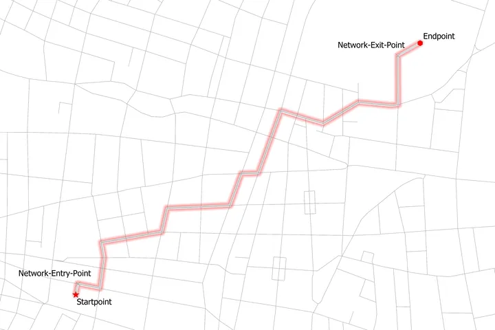 Map showing a shortest path route computed by QNEAT